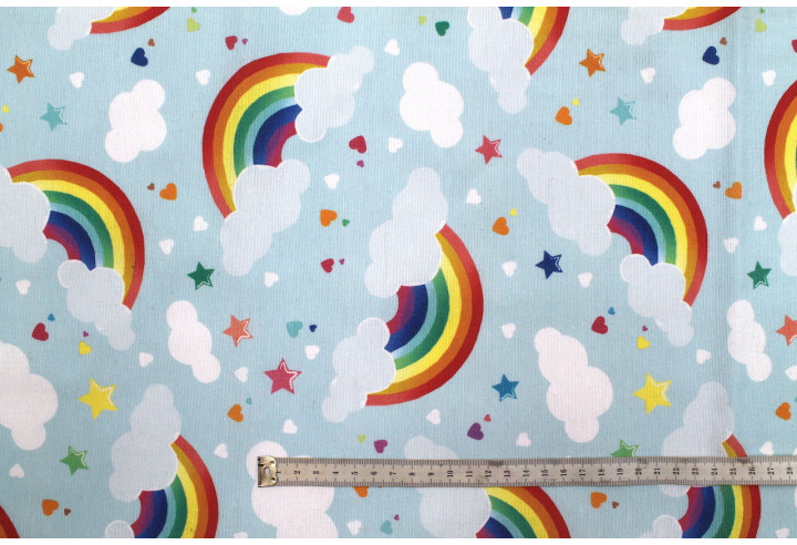Tissu Bachette Coton Imprimé Arc en Ciel Bleu Ciel -Au Mètre