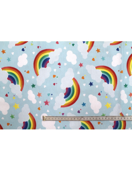 Tissu Bachette Coton Imprimé Arc en Ciel Bleu Ciel -Au Mètre