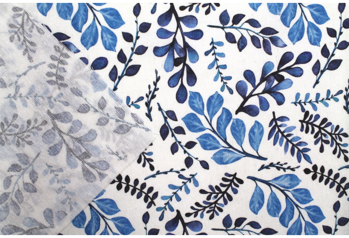 Tissu Bachette Coton Imprimé Branches Bleu -Au Mètre