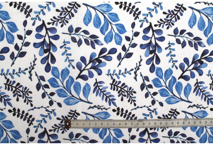 Tissu Bachette Coton Imprimé Branches Bleu -Au Mètre