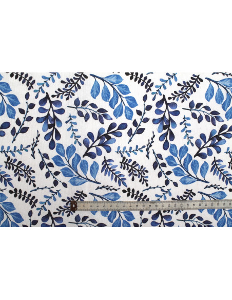 Tissu Bachette Coton Imprimé Branches Bleu -Au Mètre
