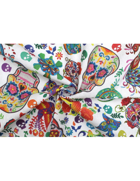Tissu Bachette Coton Imprimé Skulls Blanc -Au Mètre