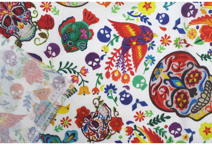 Tissu Bachette Coton Imprimé Skulls Blanc -Au Mètre