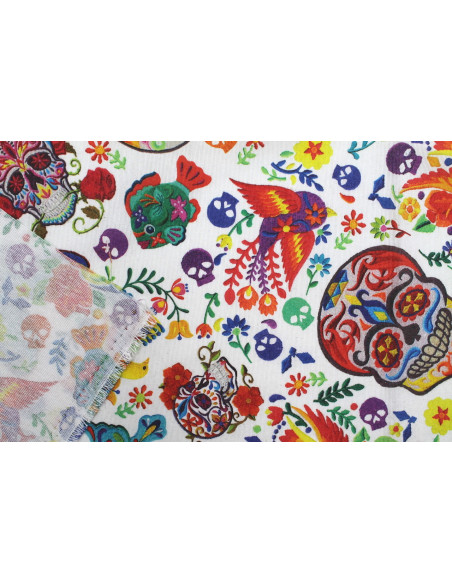 Tissu Bachette Coton Imprimé Skulls Blanc -Au Mètre
