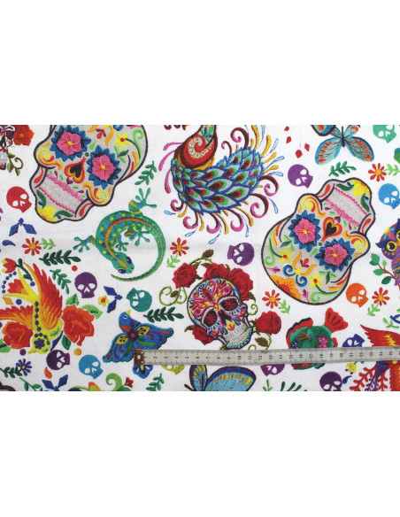 Tissu Bachette Coton Imprimé Skulls Blanc -Au Mètre
