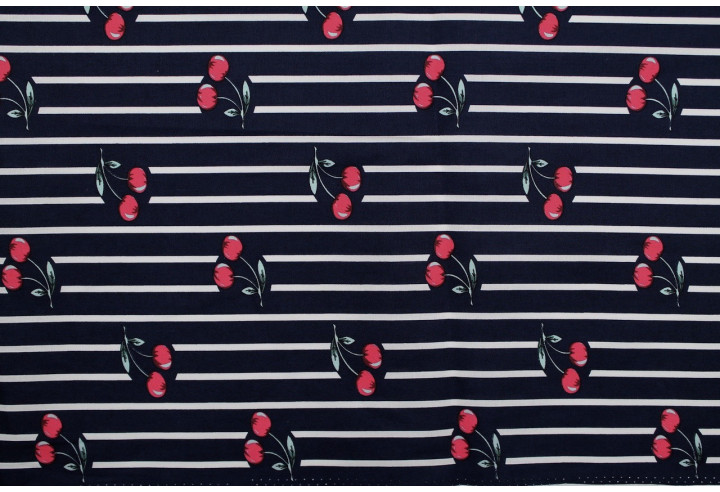 Tissu Popeline Coton Imprimé Rayure Cerise Marine -Au Mètre