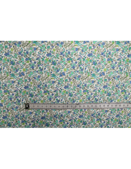 Tissu Popeline Coton Imprimé Fleur Buza Turquoise -Au Mètre