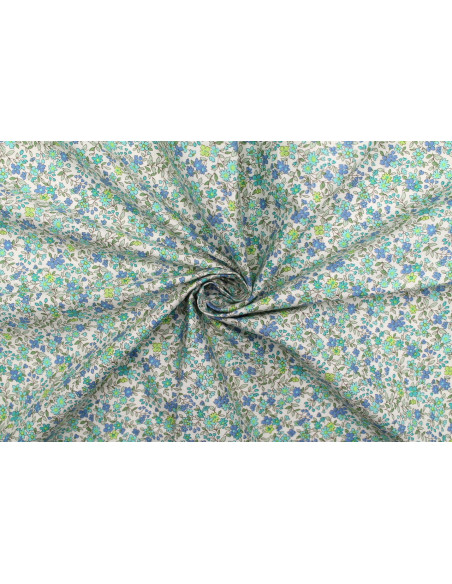 Tissu Popeline Coton Imprimé Fleur Buza Turquoise -Au Mètre