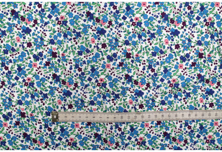 Tissu Popeline Coton Imprimé Fleur Vany Bleu -Au Mètre