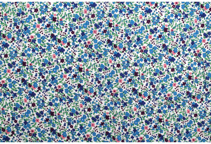 Tissu Popeline Coton Imprimé Fleur Vany Bleu -Au Mètre