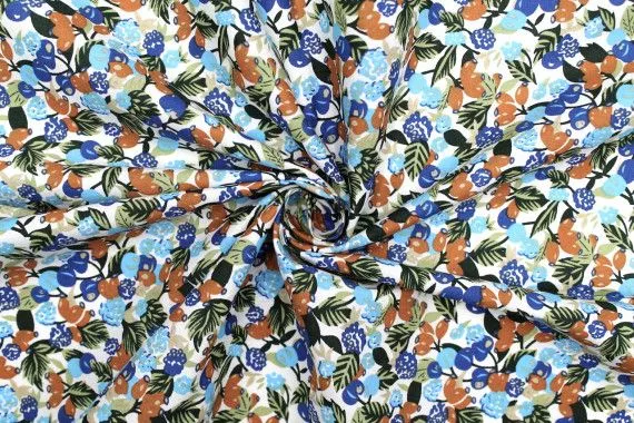 Tissu Popeline Coton Imprimé Fruimi Turquoise -Au Mètre