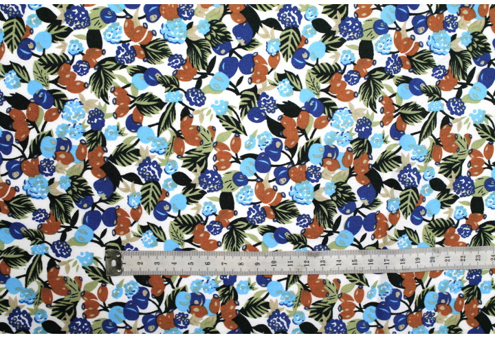 Tissu Popeline Coton Imprimé Fruimi Turquoise -Au Mètre