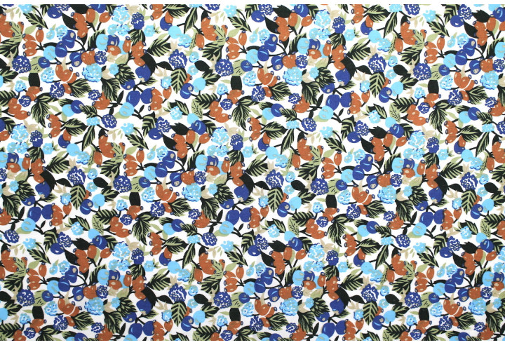 Tissu Popeline Coton Imprimé Fruimi Turquoise -Au Mètre