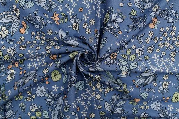 Tissu Popeline Coton Imprimé Natural Bleu -Au Mètre