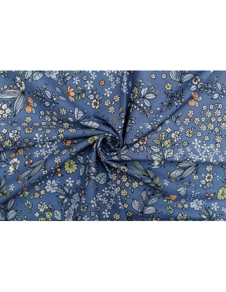 Tissu Popeline Coton Imprimé Natural Bleu -Au Mètre