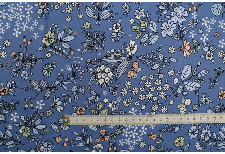 Tissu Popeline Coton Imprimé Natural Bleu -Au Mètre