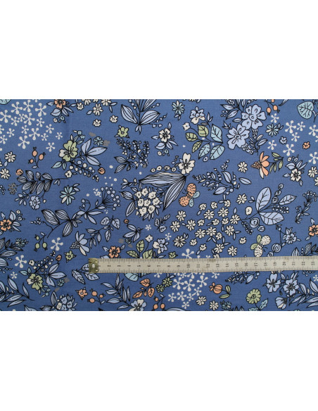 Tissu Popeline Coton Imprimé Natural Bleu -Au Mètre