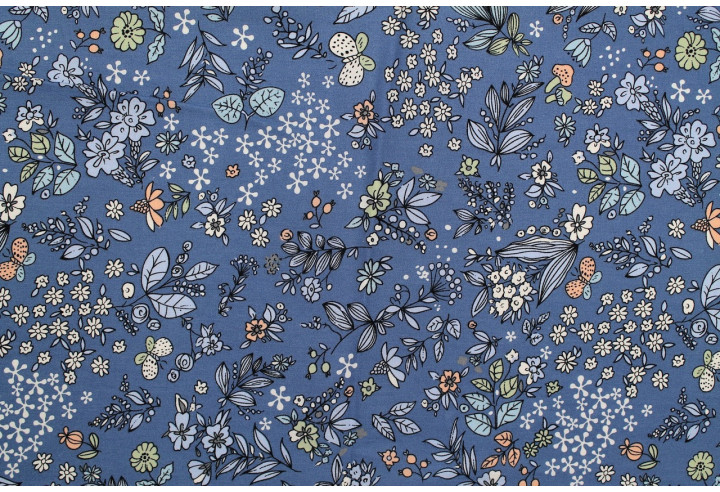 Tissu Popeline Coton Imprimé Natural Bleu -Au Mètre