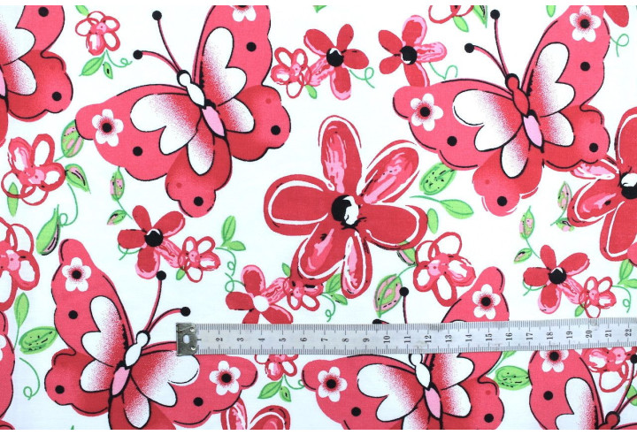 Tissu Popeline Coton Imprimé Papifleur Rouge -Au Mètre