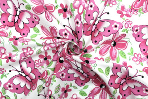 Tissu Popeline Coton Imprimé Papifleur Rose -Au Mètre