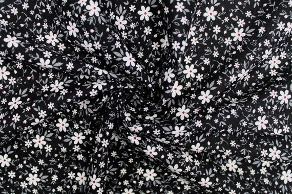 Tissu Popeline Coton Imprimé Fleur Pia Noir -Au Mètre