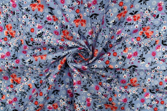 Tissu Popeline Coton Imprimé Fleur Rita Bleu Gris -Au Mètre