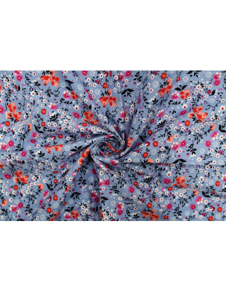 Tissu Popeline Coton Imprimé Fleur Rita Bleu Gris -Au Mètre