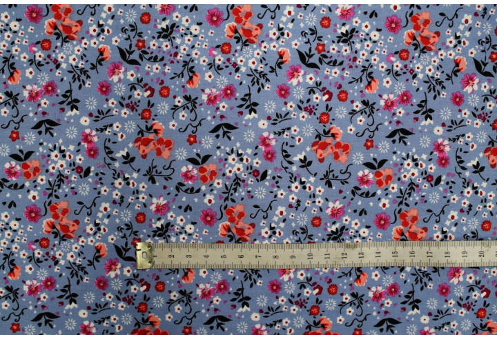 Tissu Popeline Coton Imprimé Fleur Rita Bleu Gris -Au Mètre
