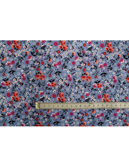 Tissu Popeline Coton Imprimé Fleur Rita Bleu Gris -Au Mètre