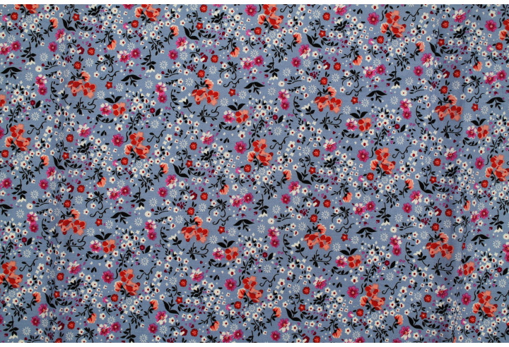 Tissu Popeline Coton Imprimé Fleur Rita Bleu Gris -Au Mètre