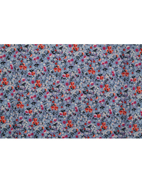 Tissu Popeline Coton Imprimé Fleur Rita Bleu Gris -Au Mètre