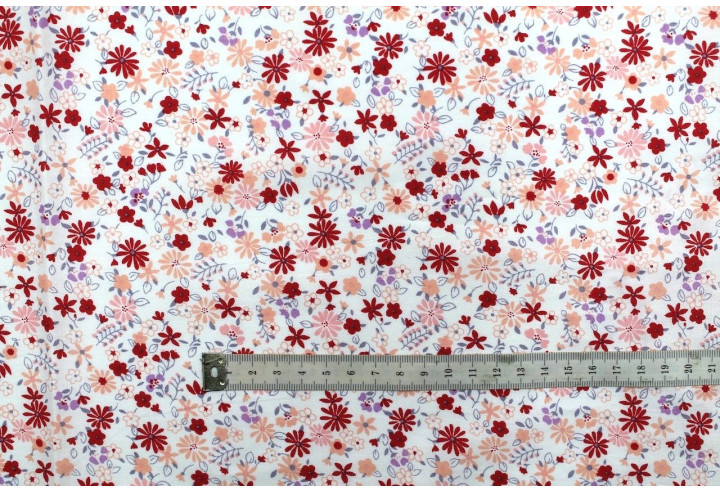 Tissu Popeline Coton Imprimé Fleur Tati Rouge -Au Mètre
