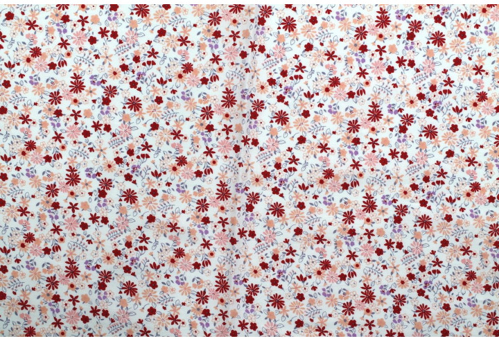 Tissu Popeline Coton Imprimé Fleur Tati Rouge -Au Mètre