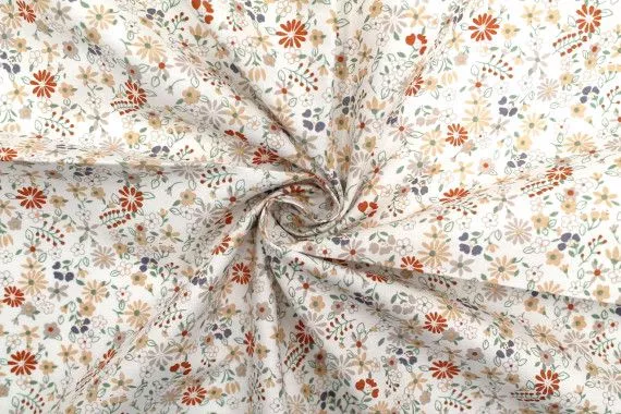 Tissu Popeline Coton Imprimé Fleur Tati Orange -Au Mètre