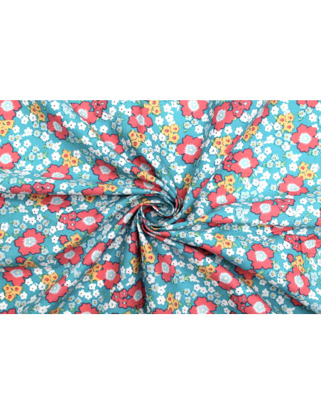 Tissu Popeline Coton Imprimé Fleur Orchidée Turquoise -Au Mètre