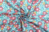 Tissu Popeline Coton Imprimé Fleur Orchidée Turquoise -Au Mètre