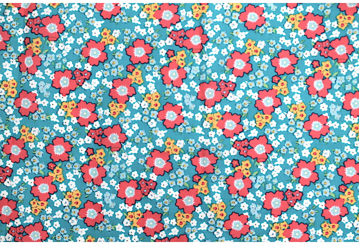 Tissu Popeline Coton Imprimé Fleur Orchidée Turquoise -Au Mètre