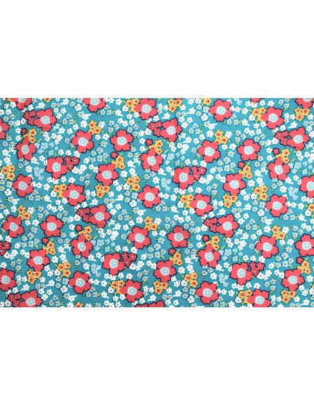 Tissu Popeline Coton Imprimé Fleur Orchidée Turquoise -Au Mètre