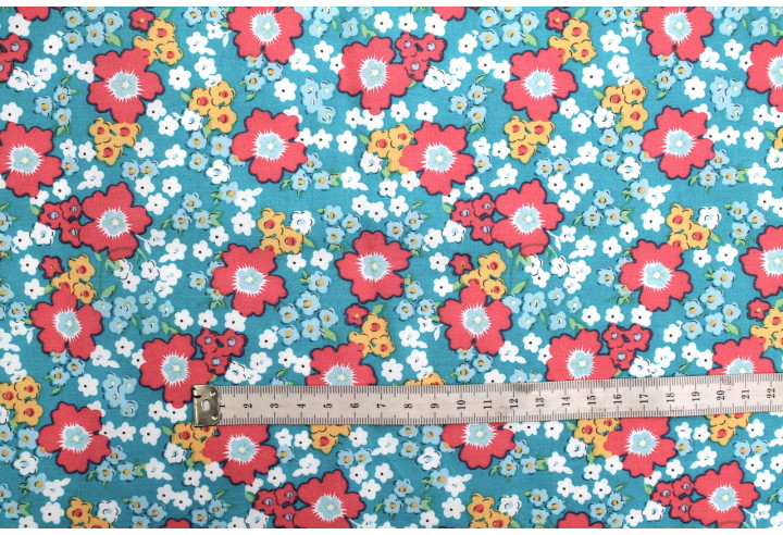 Tissu Popeline Coton Imprimé Fleur Orchidée Turquoise -Au Mètre
