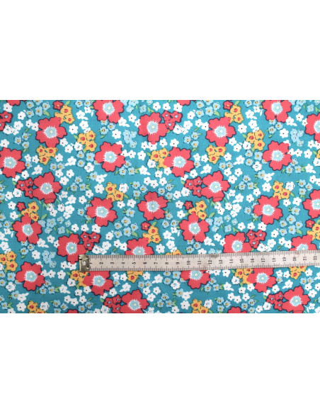 Tissu Popeline Coton Imprimé Fleur Orchidée Turquoise -Au Mètre