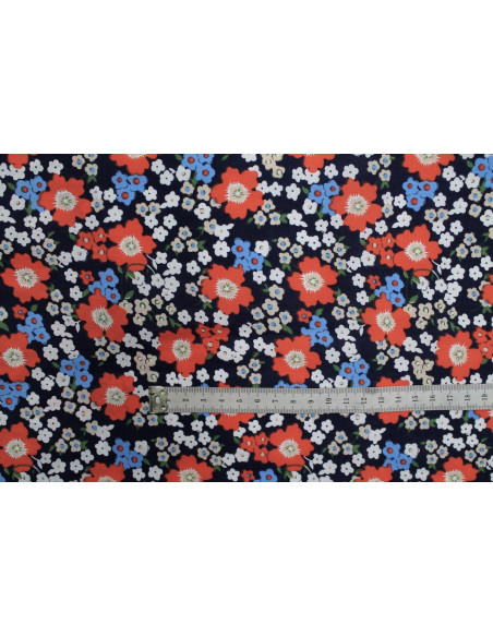 Tissu Popeline Coton Imprimé Fleur Orchidée Marine -Au Mètre