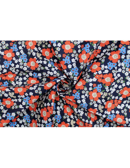 Tissu Popeline Coton Imprimé Fleur Orchidée Marine -Au Mètre