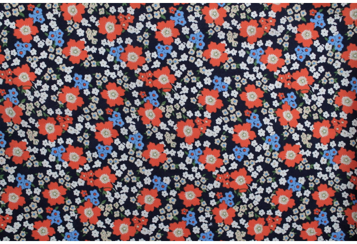 Tissu Popeline Coton Imprimé Fleur Orchidée Marine -Au Mètre