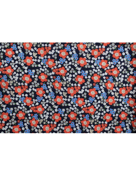Tissu Popeline Coton Imprimé Fleur Orchidée Marine -Au Mètre