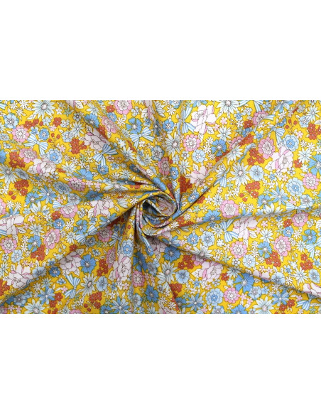 Tissu Popeline Coton Imprimé Nœud de Fleur Jaune -Au Mètre