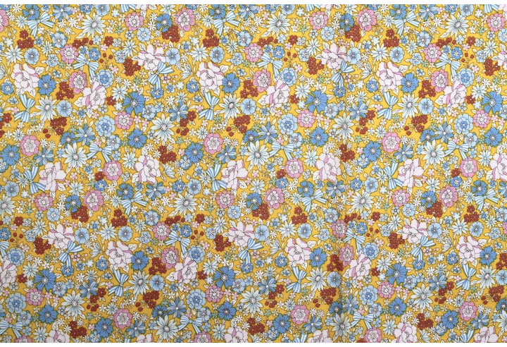 Tissu Popeline Coton Imprimé Nœud de Fleur Jaune -Au Mètre