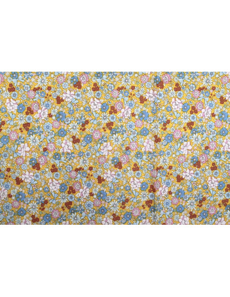 Tissu Popeline Coton Imprimé Nœud de Fleur Jaune -Au Mètre