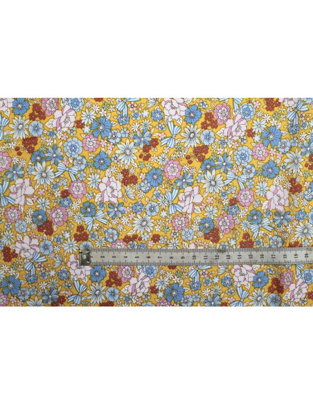 Tissu Popeline Coton Imprimé Nœud de Fleur Jaune -Au Mètre