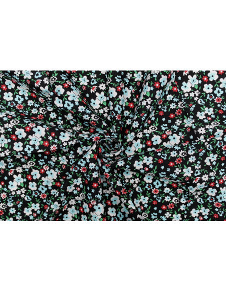 Tissu Popeline Coton Imprimé Fleur Katia Turquoise -Au Mètre