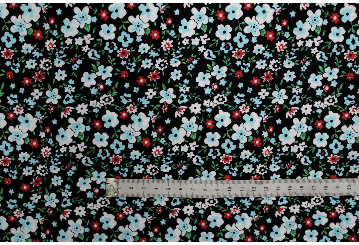 Tissu Popeline Coton Imprimé Fleur Katia Turquoise -Au Mètre